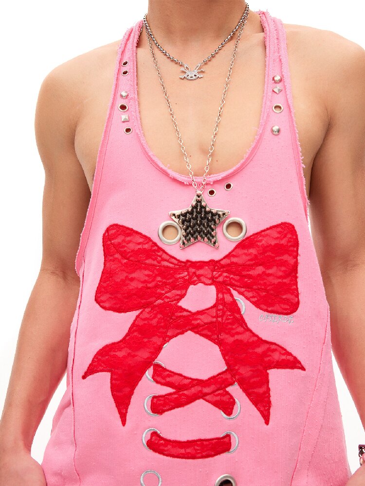 Lace Bow Rivet Distressed Vest【s0000016496】