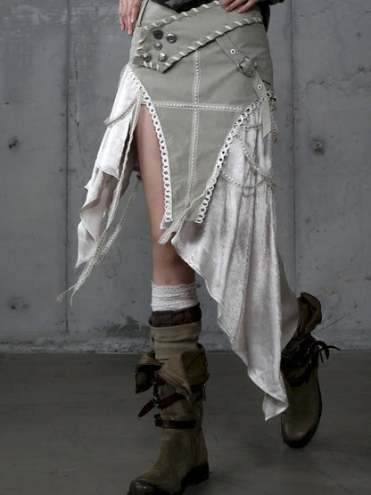 Asymmetric Leather-Satin Skirt【s0000013944】