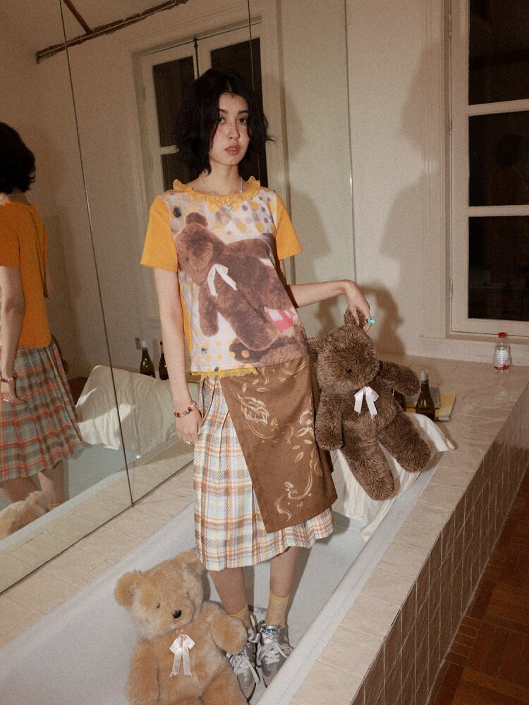 Plaid Flower Pleated Spliced Skirt【s0000015465】