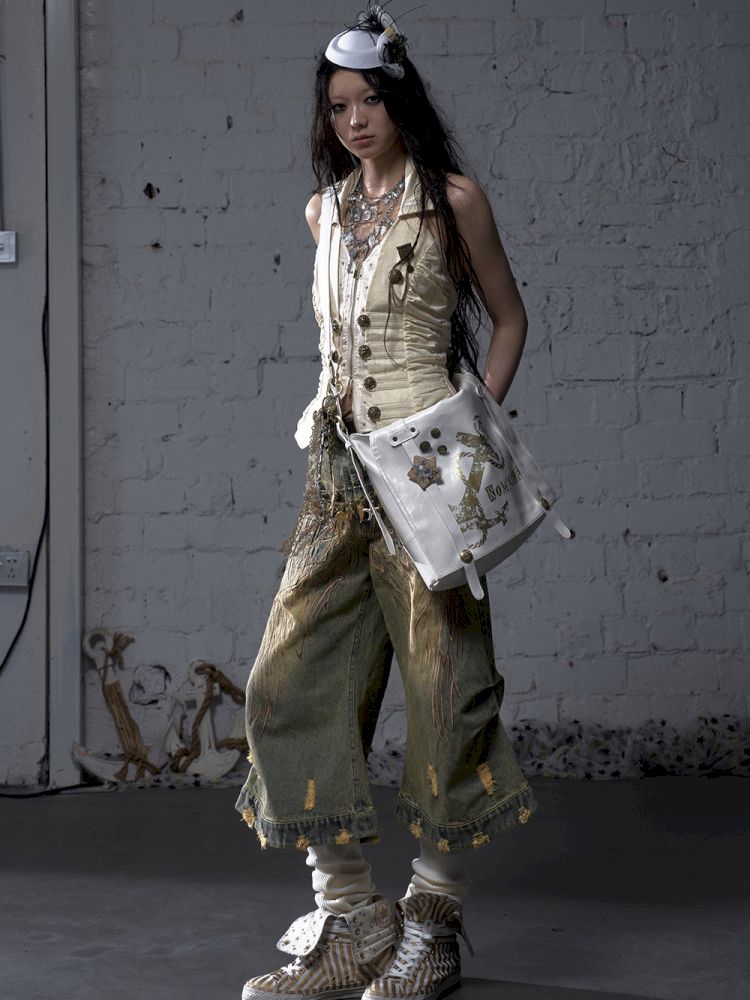 Gold foil print heavy-duty leather shoulder bag【s0000012778】