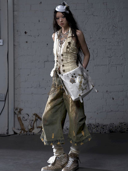 Gold foil print heavy-duty leather shoulder bag【s0000012778】