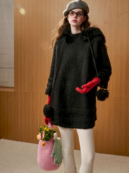 Wool Thick Hooded Fur Collar Knit Cape Skirt【s0000014890】