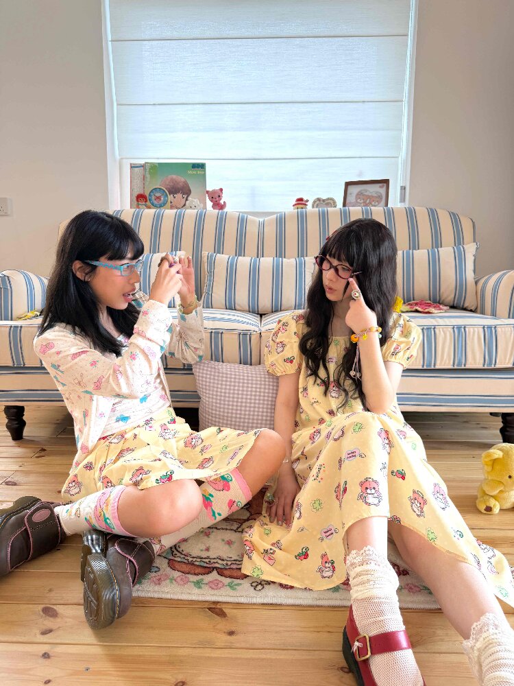 Bear Print Puff Sleeve Long Dress【s0000017512】