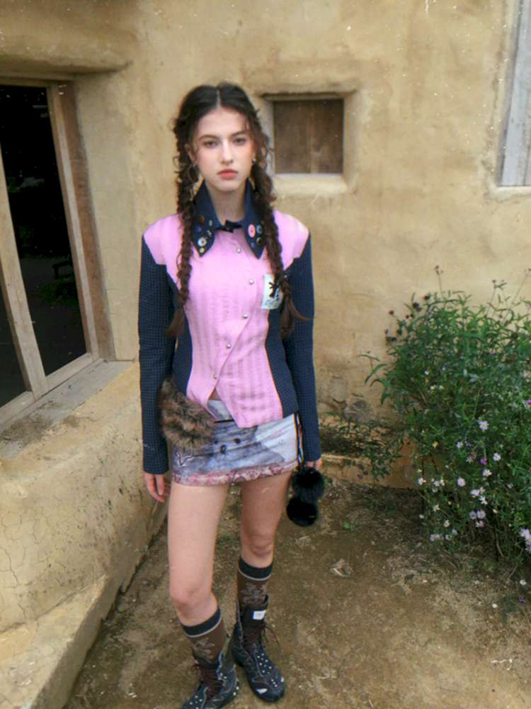 Pink Blue Plaid Multi-Button Shirt【s0000014897】