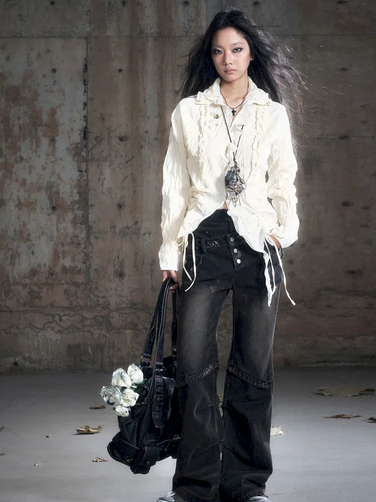 Drawstring Black-Gray Checkered Shir【s0000013959】