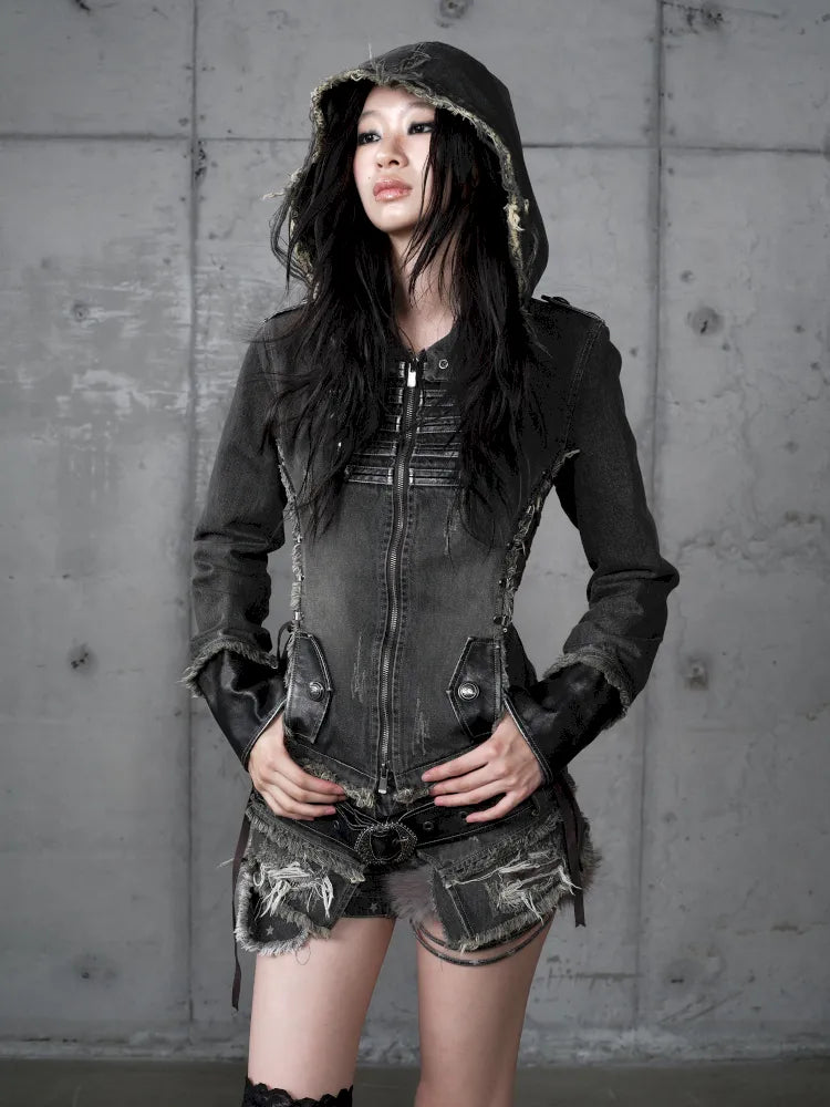 Denim Detachable Slim-Fit Hooded Jacket【s0000013951】