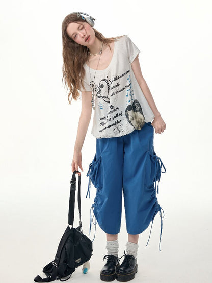 Cat Print Lazy Drawstring T-Shirt【s0000017253】