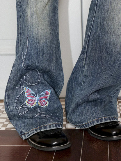 Butterfly Embroidered Slightly Flared Jeans【s0000013987】