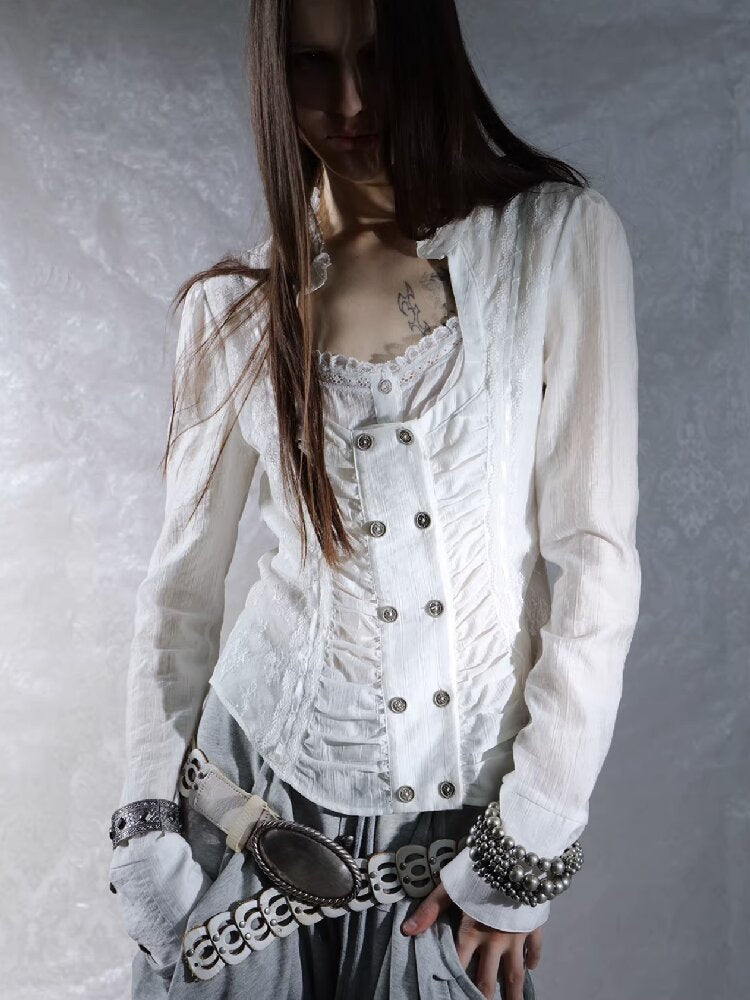 Vintage Lace Stitched Square Neck Shirt【s0000015910】