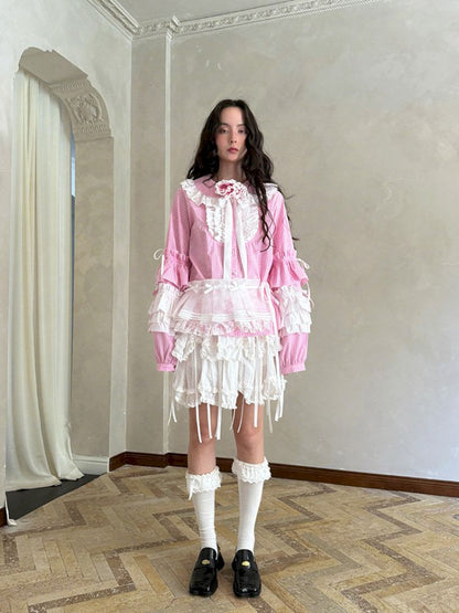 Pink checkered lace trim long-sleeved shirt【s0000012761】