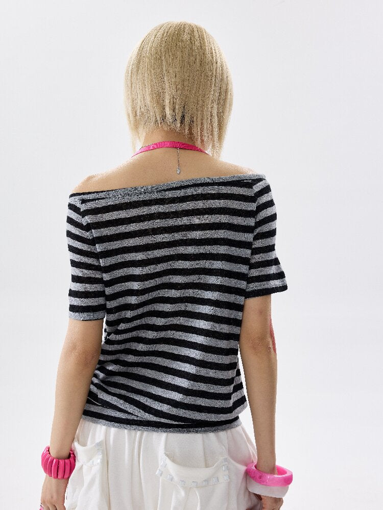Single Shoulder Striped Halter T Shirt【s0000017640】