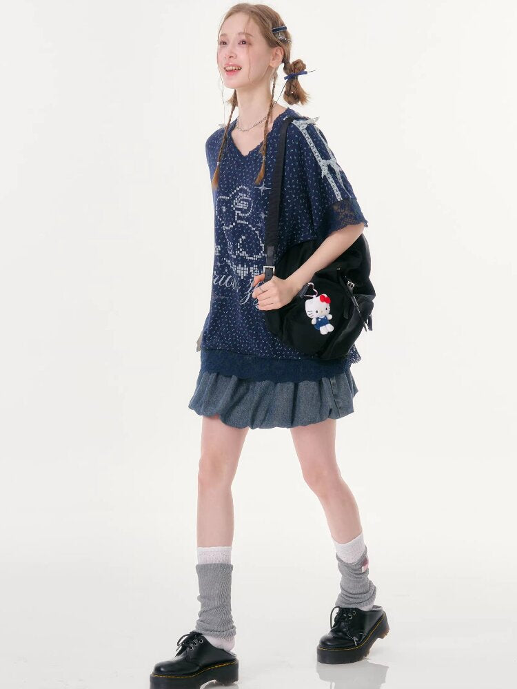 Dark Blue Rabbit Floral Lace T-Shirt【s0000016602】