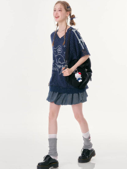 Dark Blue Rabbit Floral Lace T-Shirt【s0000016602】