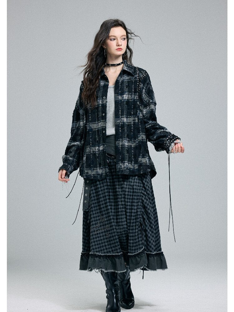 Plaid Strap Torn Long-Sleeved Shirt【s0000016258】