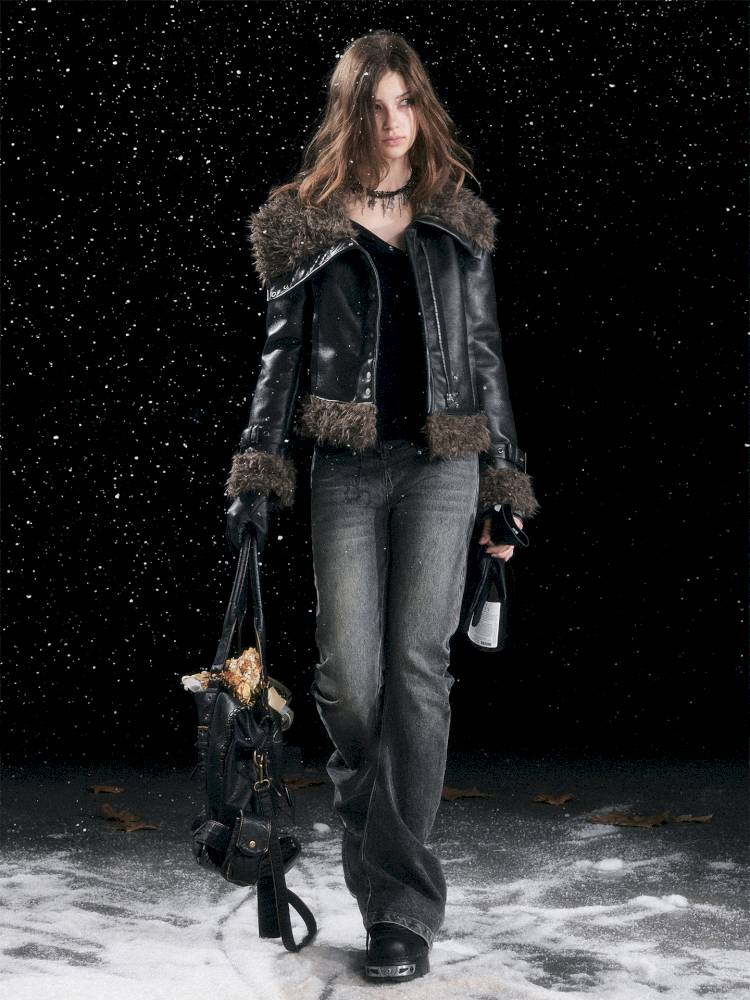 Leather-Trimmed Patchwork Pleated Jeans【s0000014424】