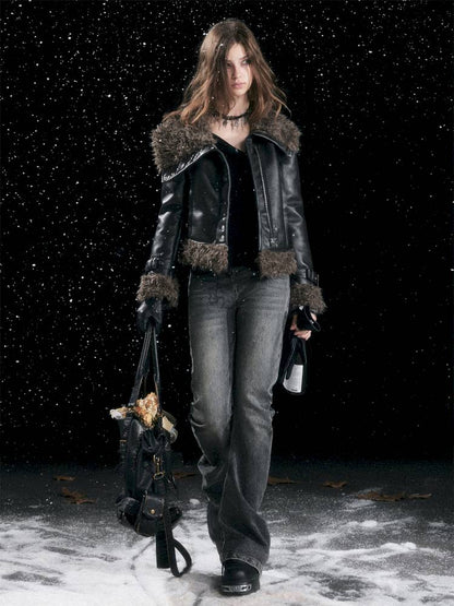 Leather-Trimmed Patchwork Pleated Jeans【s0000014424】