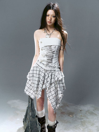 Asymmetrical patchwork plaid strapless dress【s0000012808】