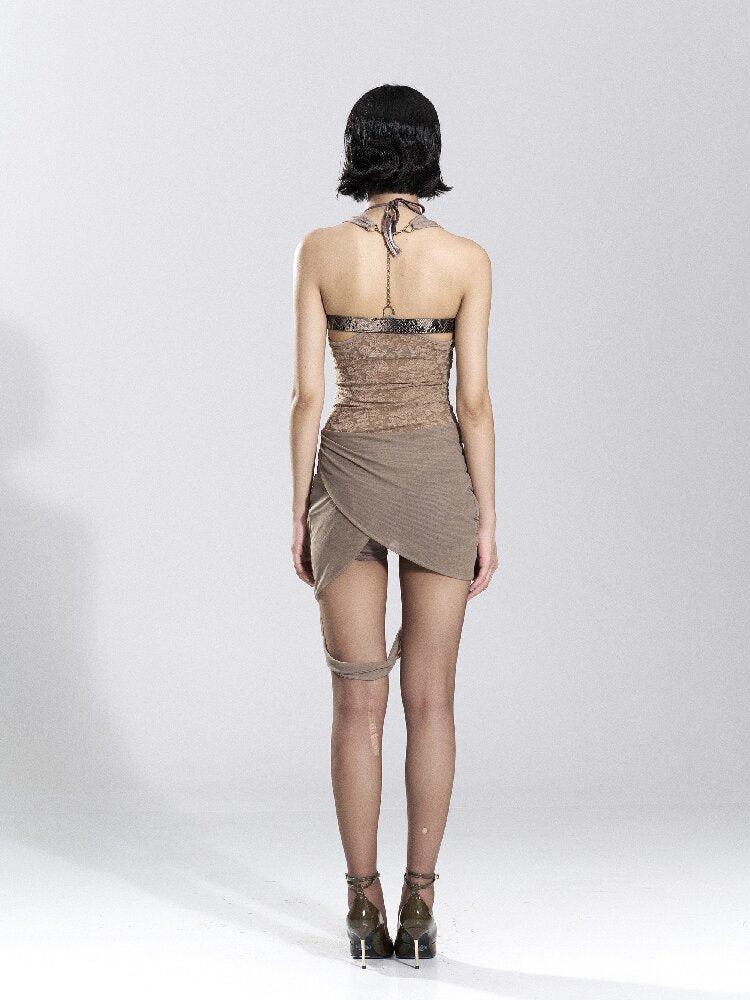 Mesh Silver Foil Printed Halter Top【s0000018485】