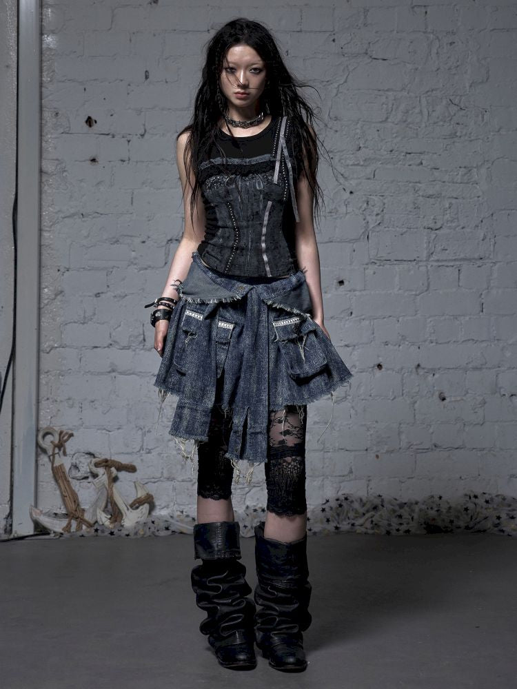 Hooded washed denim shirt dress skirt【s0000012784】