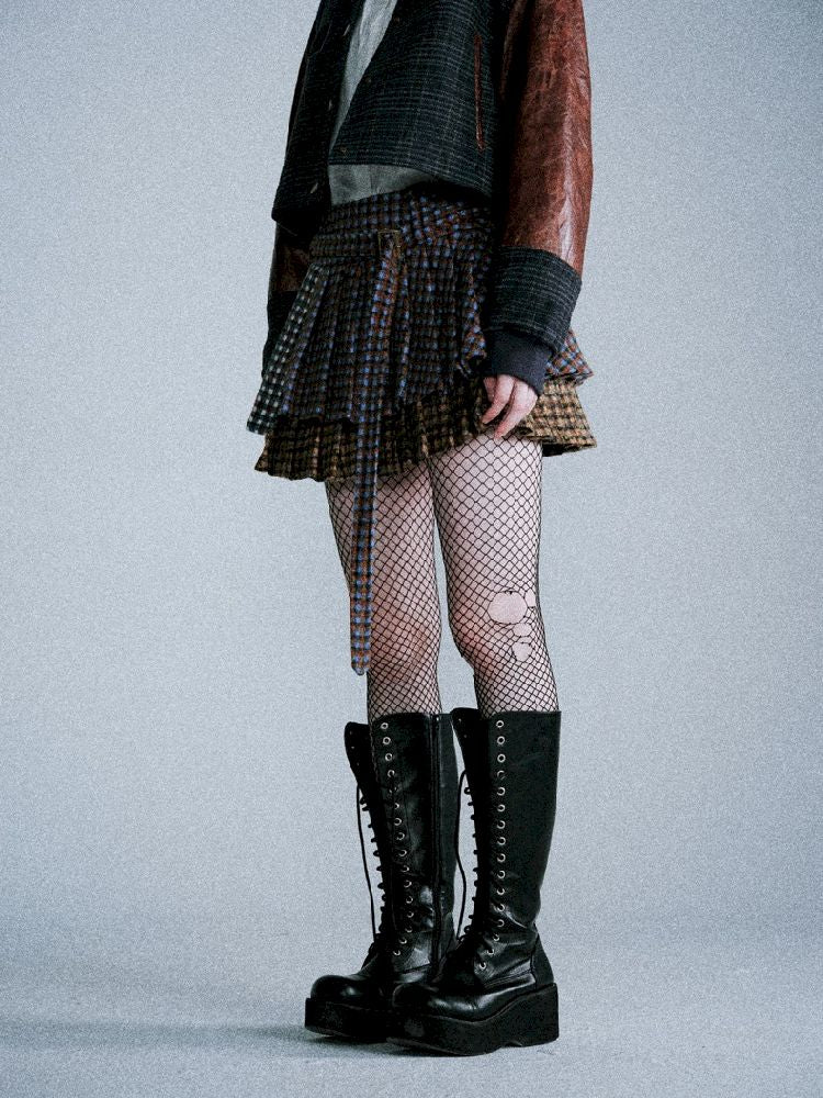 Three-color plaid splicing pleated skirt【s0000005411】