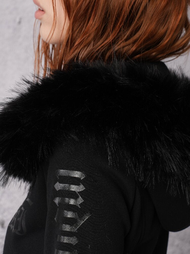 Glossy Black Fleece Hooded Fur Sweatshirt【s0000019103】