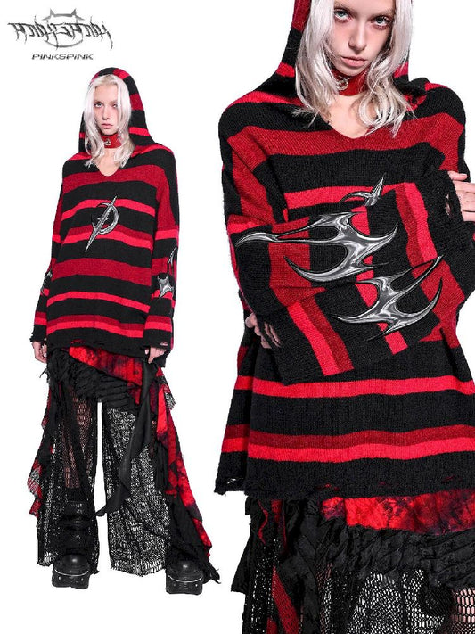 Striped V-Neck Hooded Sweater【s0000011011】