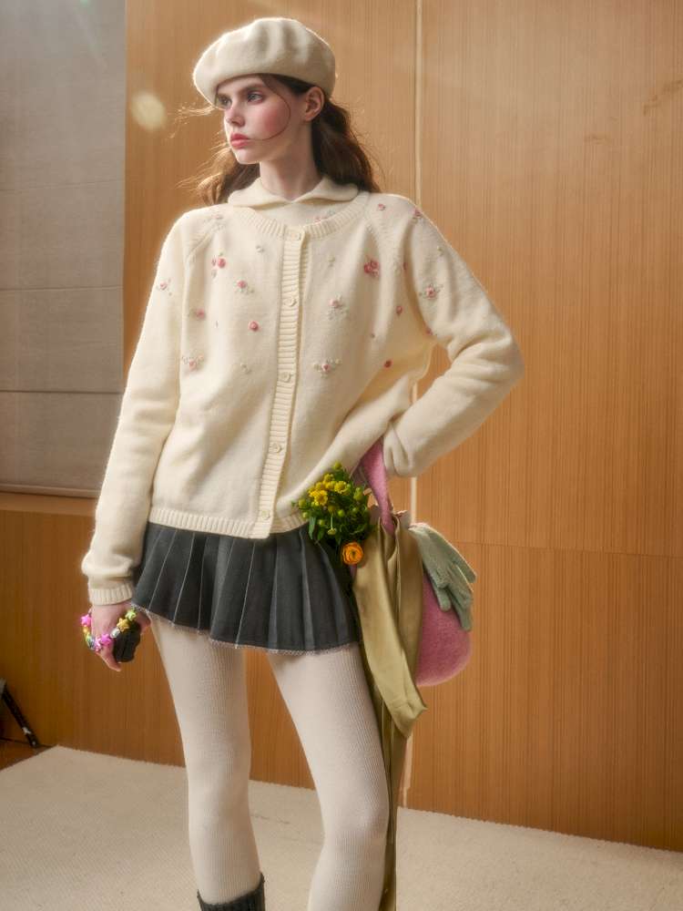 Wool Hand-Embroidered Flower Sweater Cardigan【s0000014891】