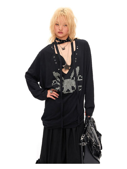 Studded Rabbit Skull Pleated Top【s0000016489】