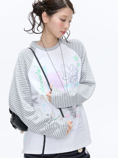 Loose Print Striped Raglan Top【s0000016378】