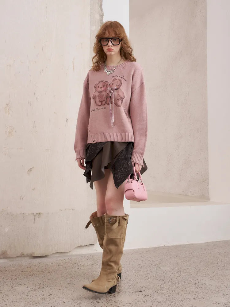 Kiss Bear Print 3D Bow Ripped Sweater【s0000014077】