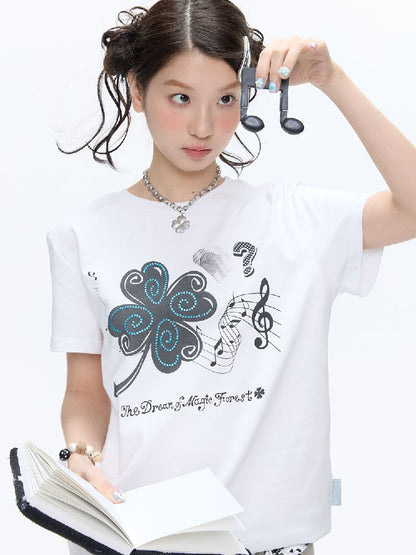 White Melody Shoulder Sleeve T-Shirt【s0000016381】