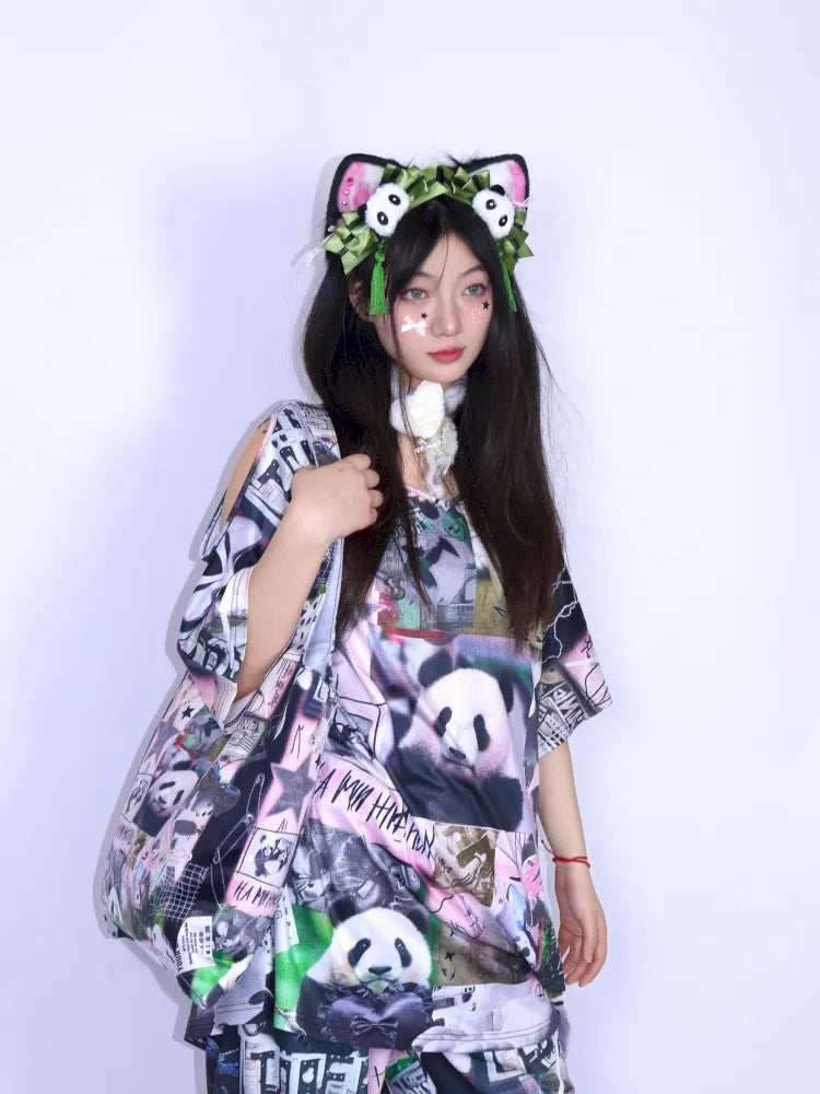 Panda Patchwork Print Off-Shoulder T-Shirt【s0000013979】