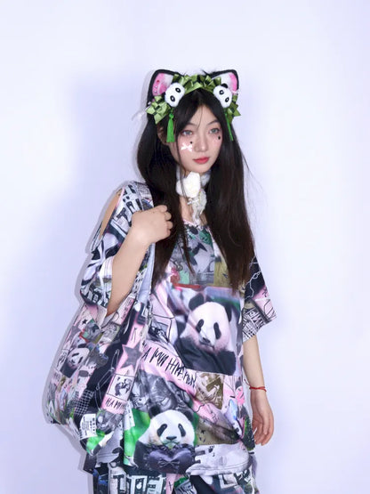 Panda Patchwork Print Off-Shoulder T-Shirt【s0000013979】