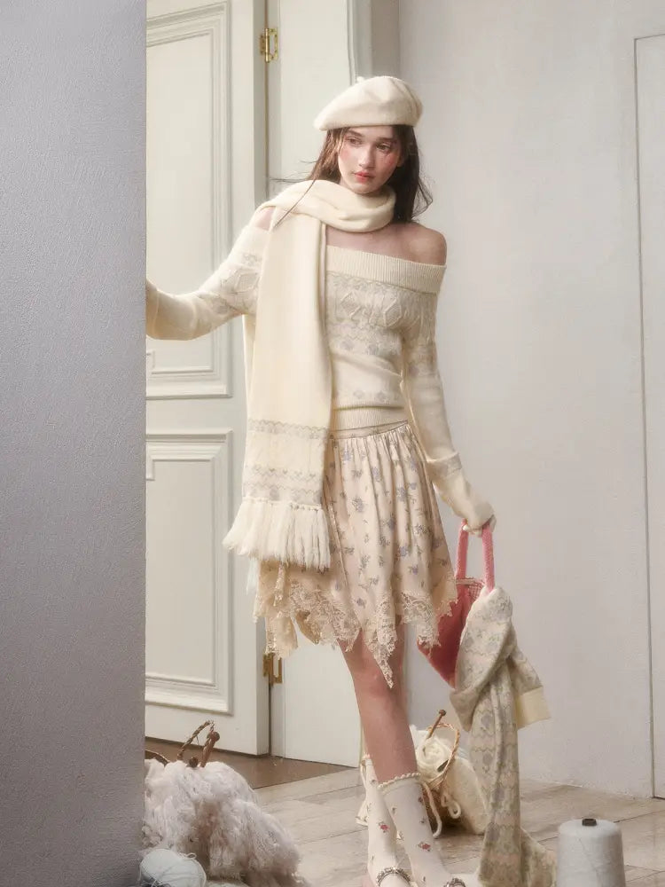 Fresh and Soft Cotton Sweater, Scarf, Floral Skirt【s0000014323】