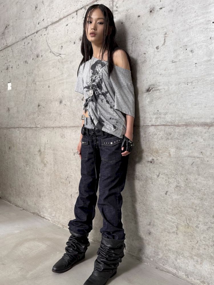 Drawstring Denim Girl Print T-Shirt【s0000012712】
