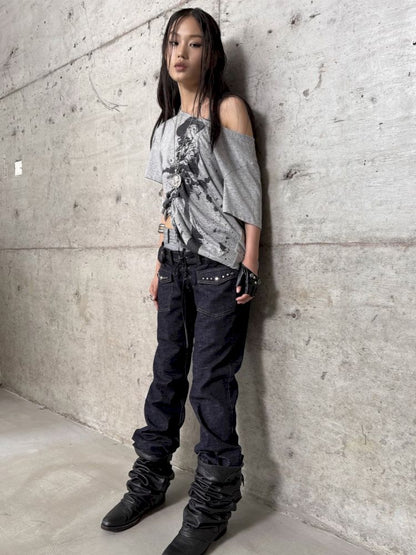 Drawstring Denim Girl Print T-Shirt【s0000012712】