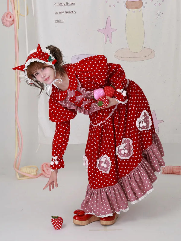 Lolita old-fashioned red polka dot niche dress【s0000014109】