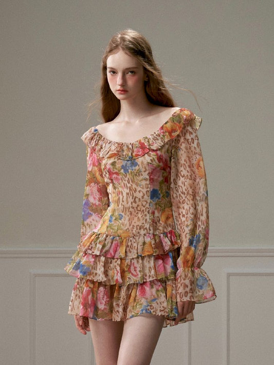 Leopard print floral mesh irregular split dress【s0000005326】