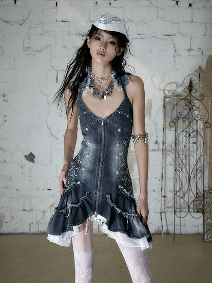 Court Embroidered Denim Mermaid Dress【s0000016983】