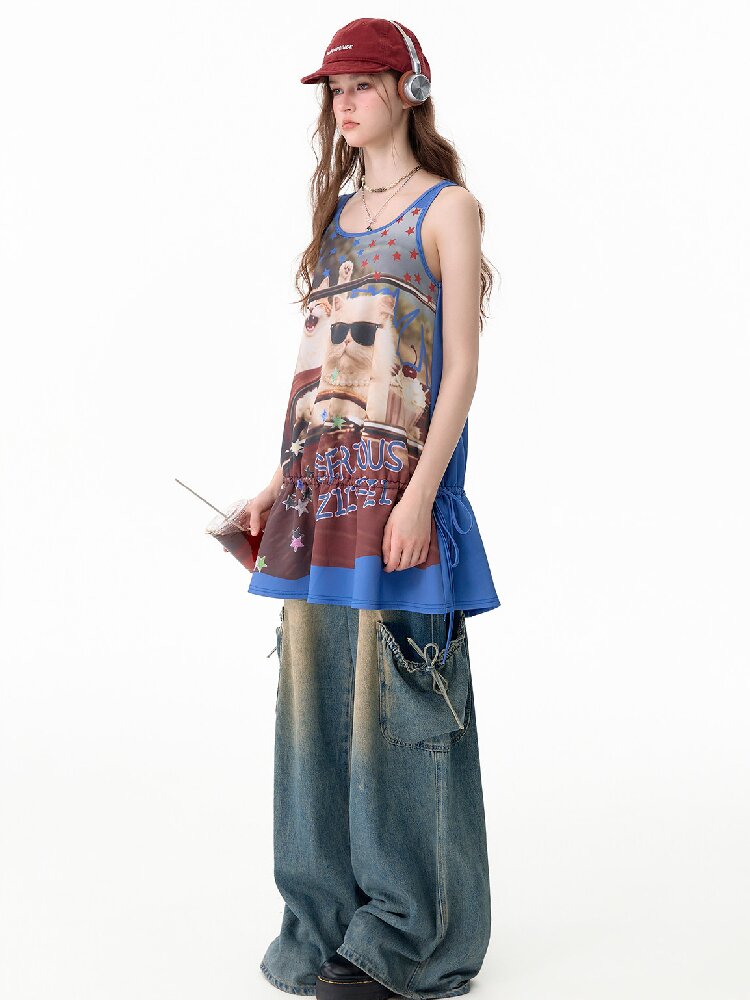 American Cat Print Vintage Tank Dress【s0000017676】