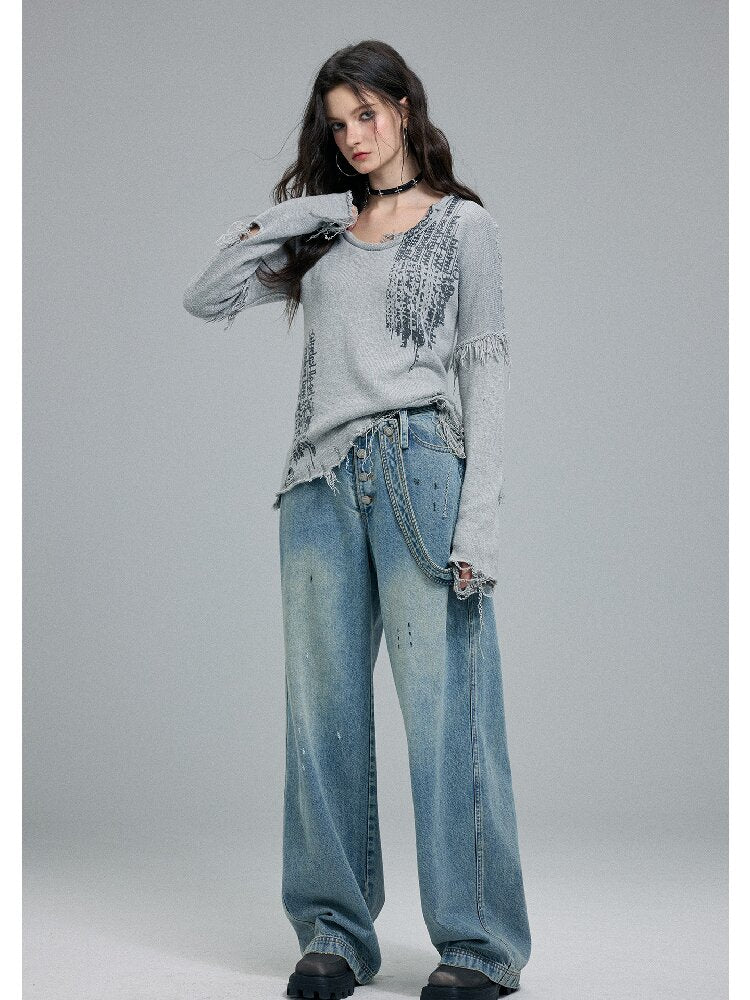 Washed Scratch Wide-Leg Jeans【s0000016255】