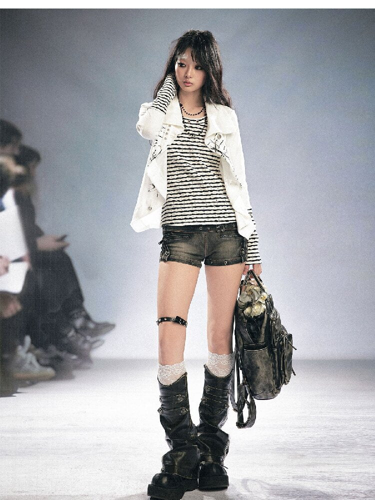 Distressed Metal Buckle Denim Shorts【s0000016285】