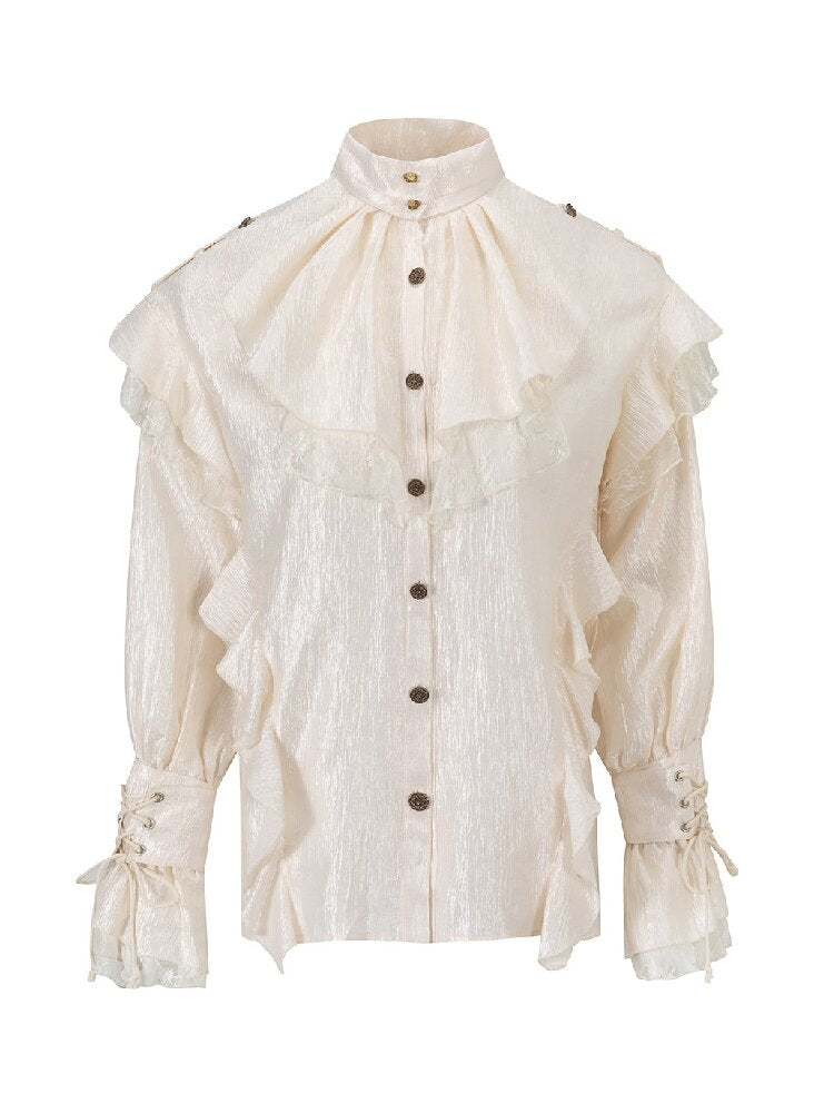 Patchwork Pearlescent Ruffled Stand Collar Shirt【s0000019242】