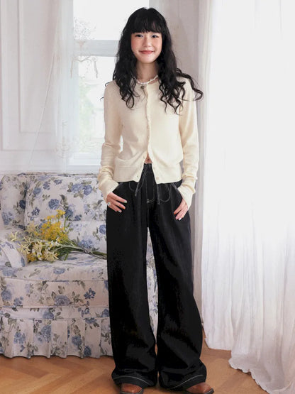Washed elastic-waist wide-leg long jeans【s0000013990】