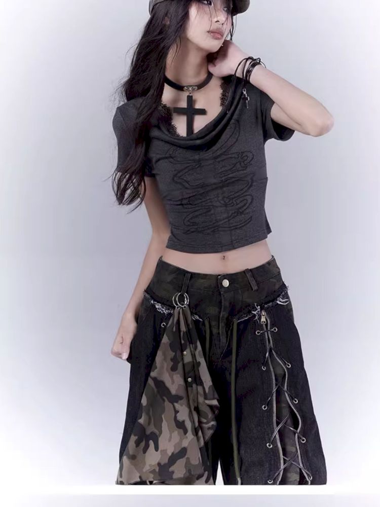 Openwork cross print lace T-shirt【s0000012847】