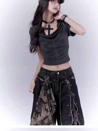 Openwork cross print lace T-shirt【s0000012847】