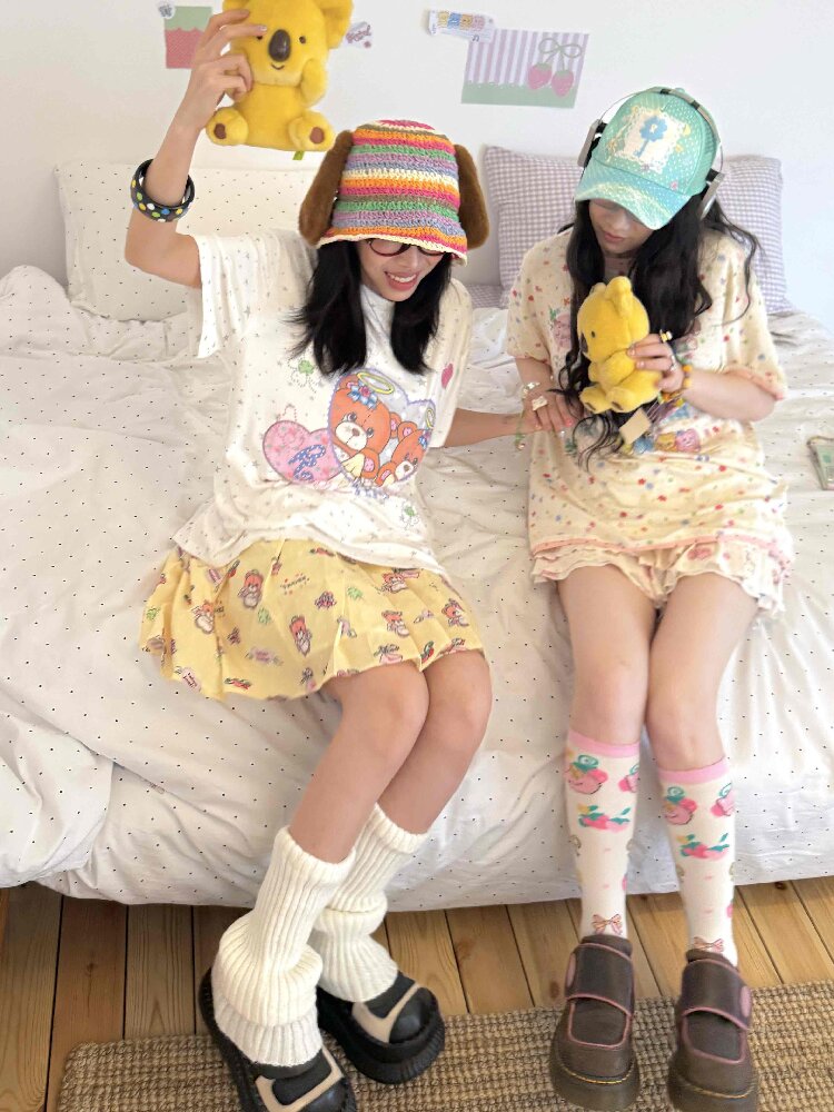 Bear Heart Print Star Loose T-Shirt【s0000017510】