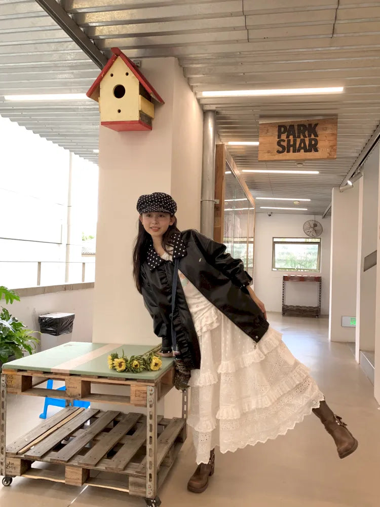 Lace-Trimmed Oversized Leather Jacket【s0000014167】