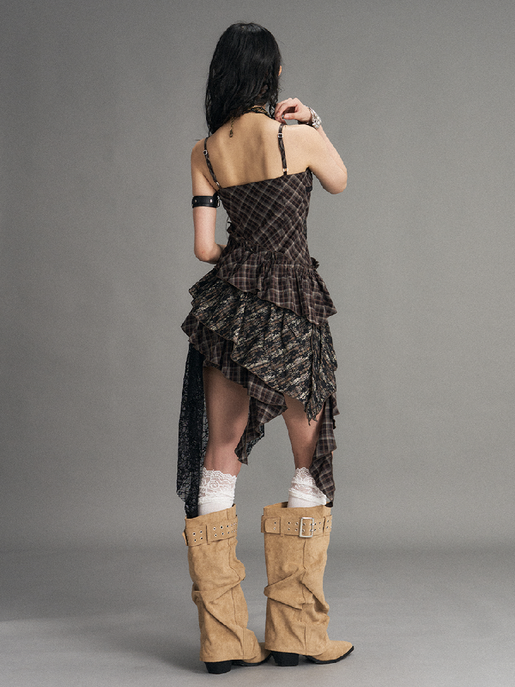 Vintage Patchwork Lace Plaid Dress【s0000017532】