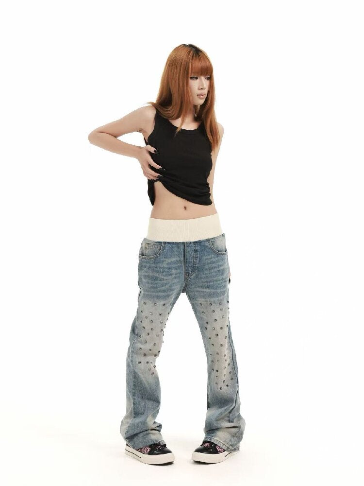 Patchwork Studded Straight Jeans【s0000018362】